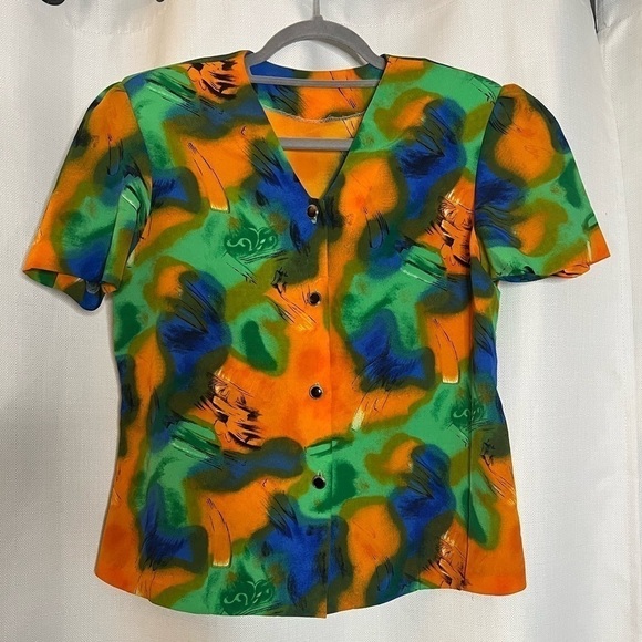 Vintage Orange Blue Green Button Blouse XL - Picture 6 of 6